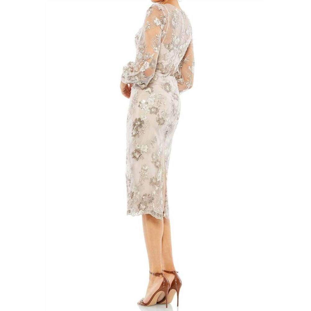 NEW MAC DUGGAL embellished high neck illusion long sleeve midi dress in mocha - Picture 5 of 6